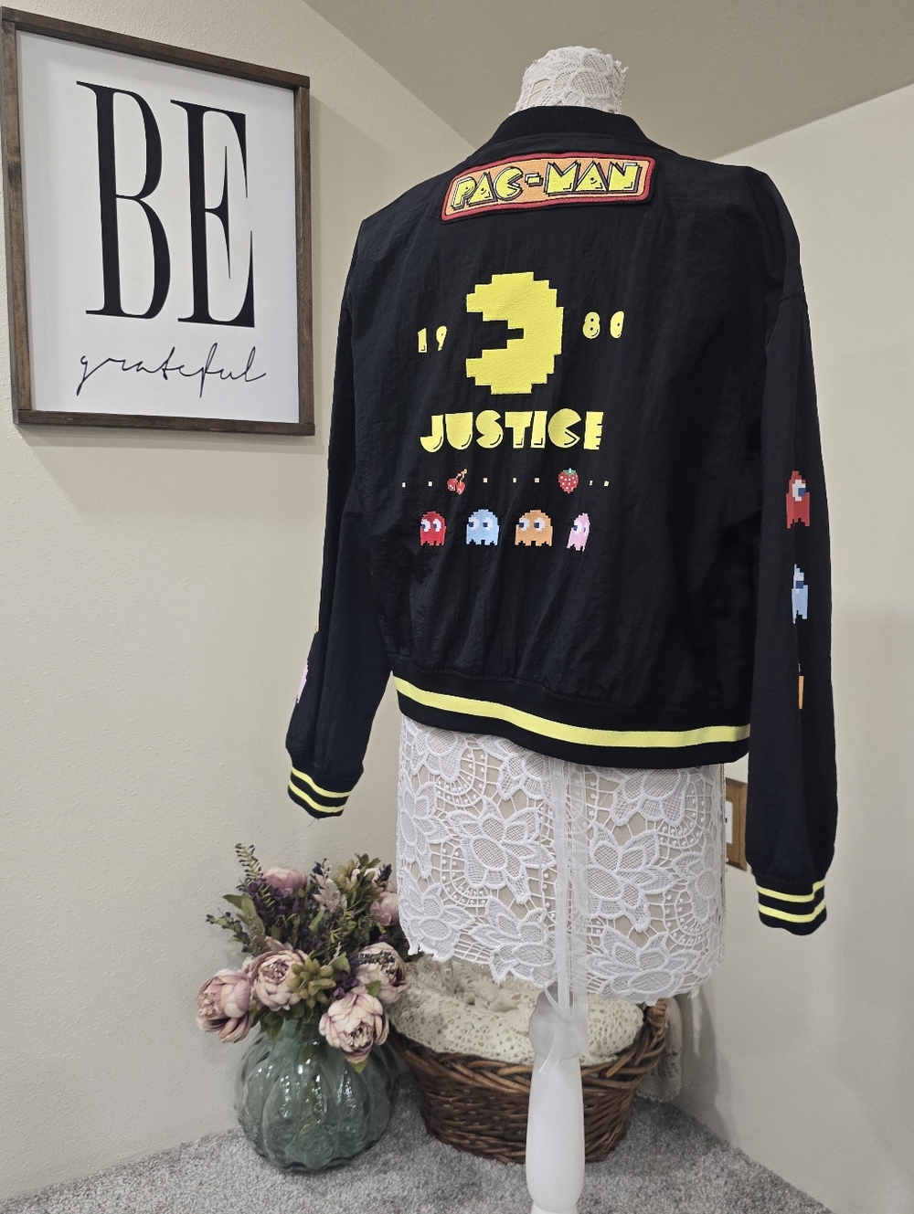 JUSTICE Pac-Man & Ghosts Black Bomber Jacket with Yellow Trim  NWOT